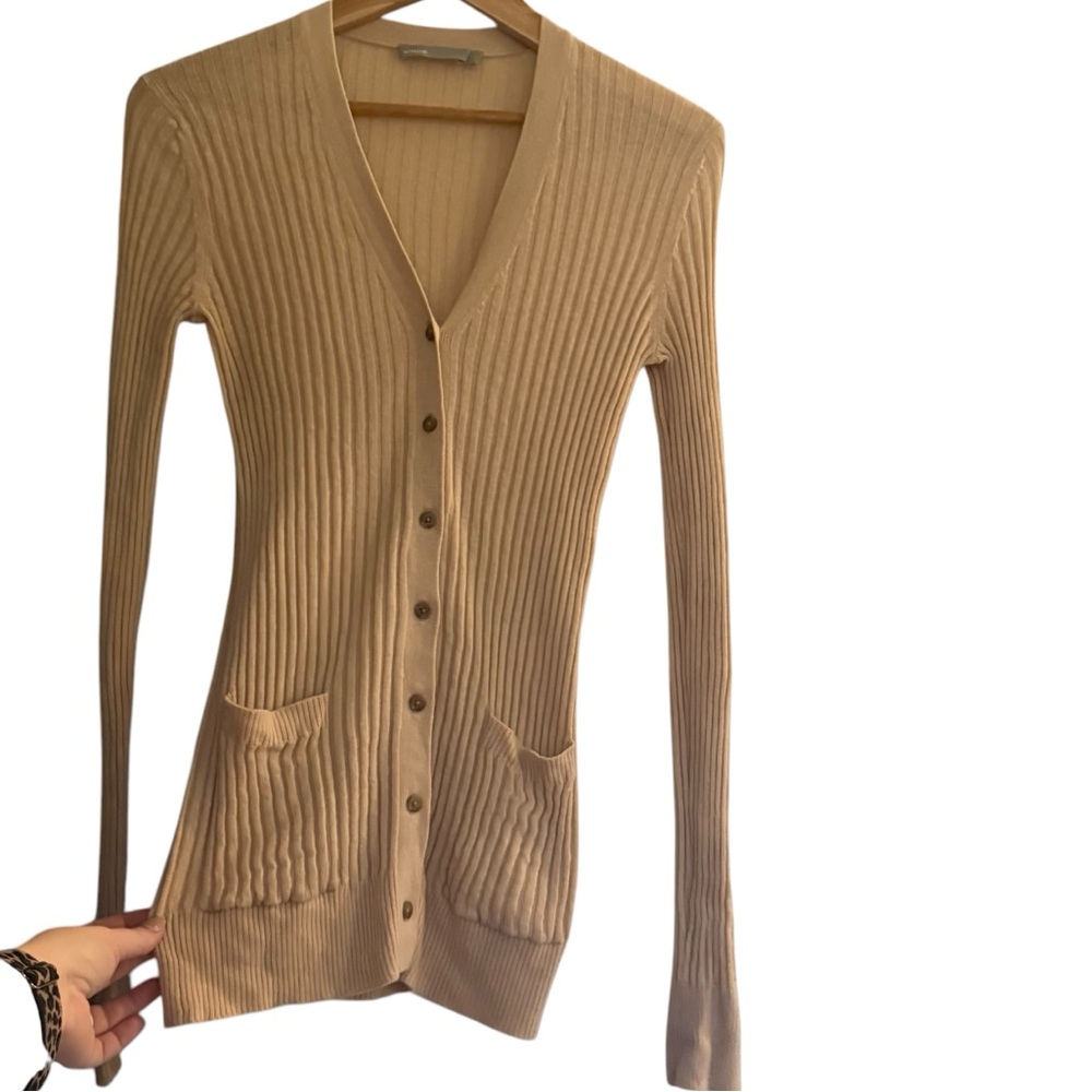 VINCE Skinny Ribbed 100% Cashmere Soft Button Down Beige Cardigan Women’s Medium - Picture 4 of 12